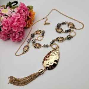 Jules B. Gold Tone Hammered Teardrop Tassel Pendant Statement Necklace 36" Adj.